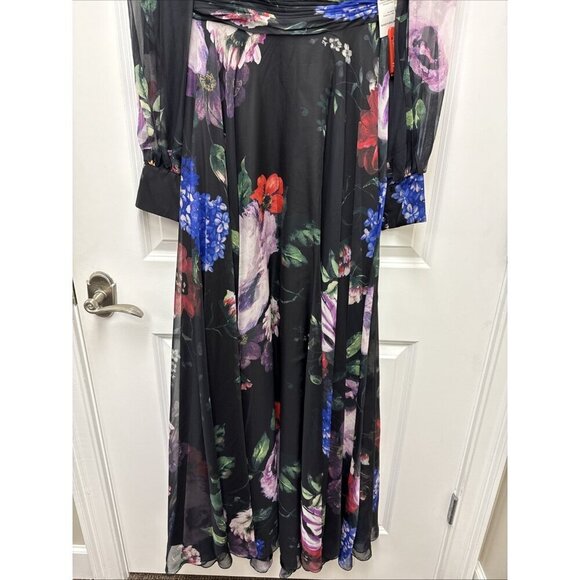 Mac Duggal Size 6 Black Floral 67872 Chiffon Long Sleeve Evening Gown Dress $598 - Picture 7 of 13